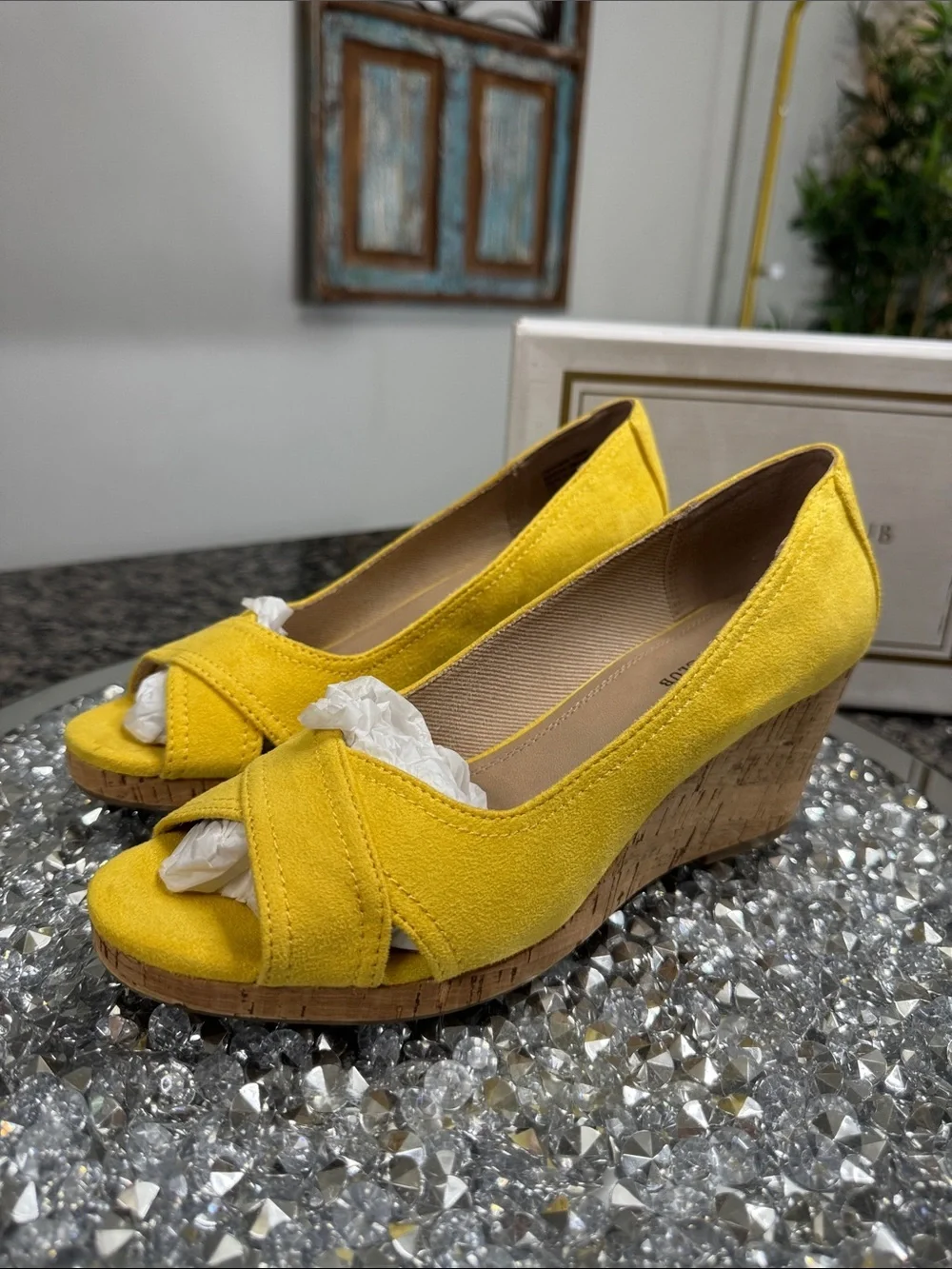 Charter Club Toniiem Yellow Cork Wedge Peep-Toe Heels NEW 8